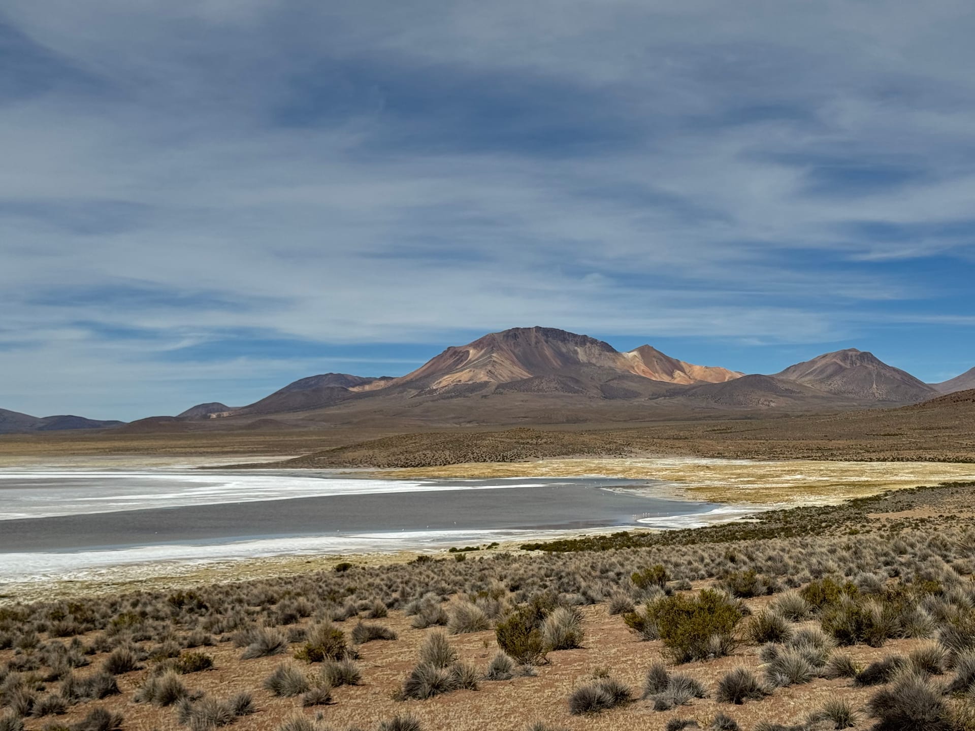 Volcan ocre au-dessus d'une lagune et de l'altiplano chilien