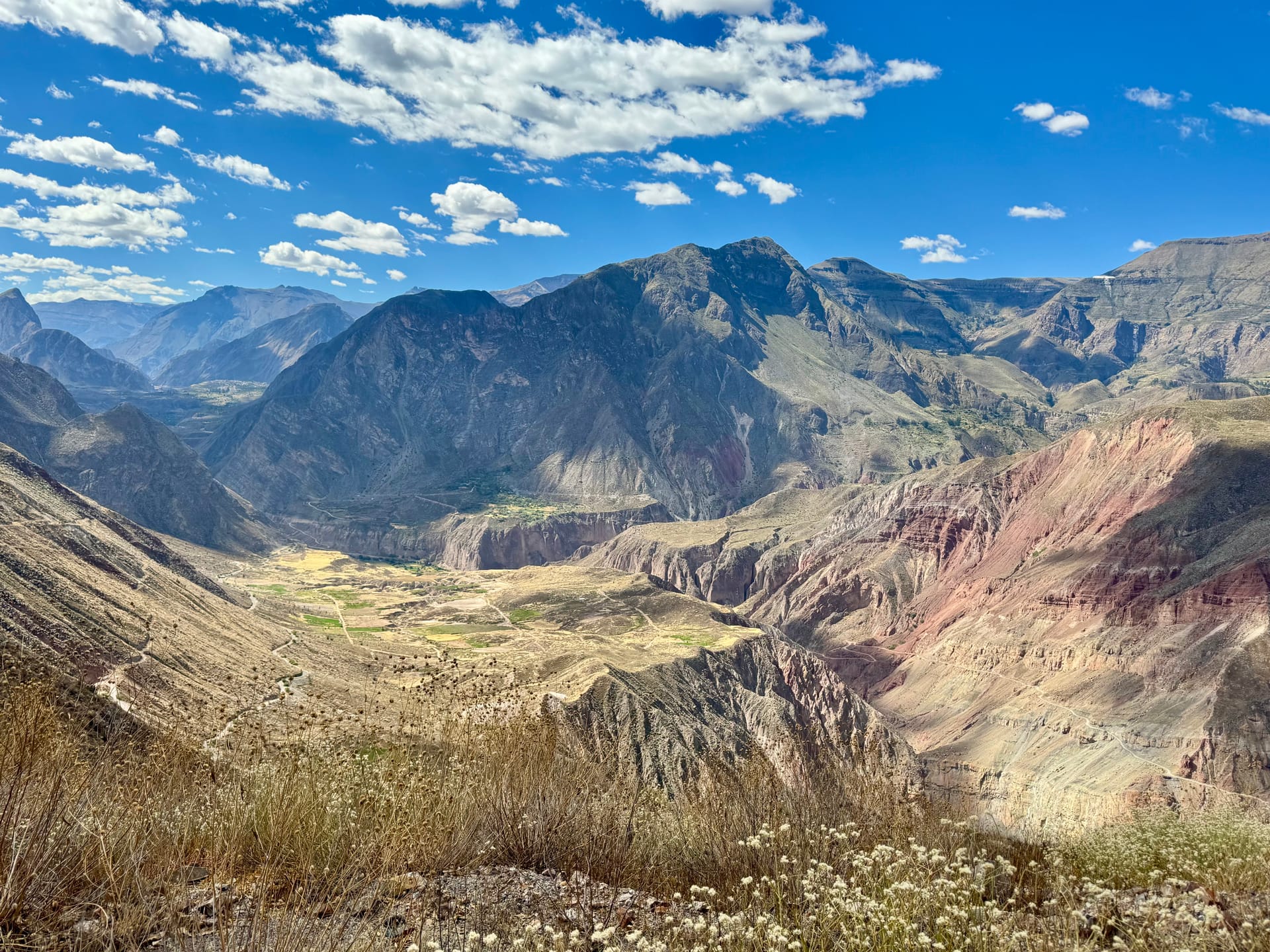 Versants colorés et vallée verte au fond du canyon de Cotahuasi